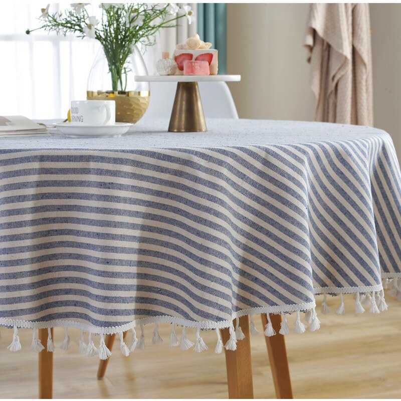 Round Tablecloth 150cm/59'' Stripe Tassel Cotton Linen Table Cloth Table Cover for Home Kitchen Dinning Table Coffee Table Decor