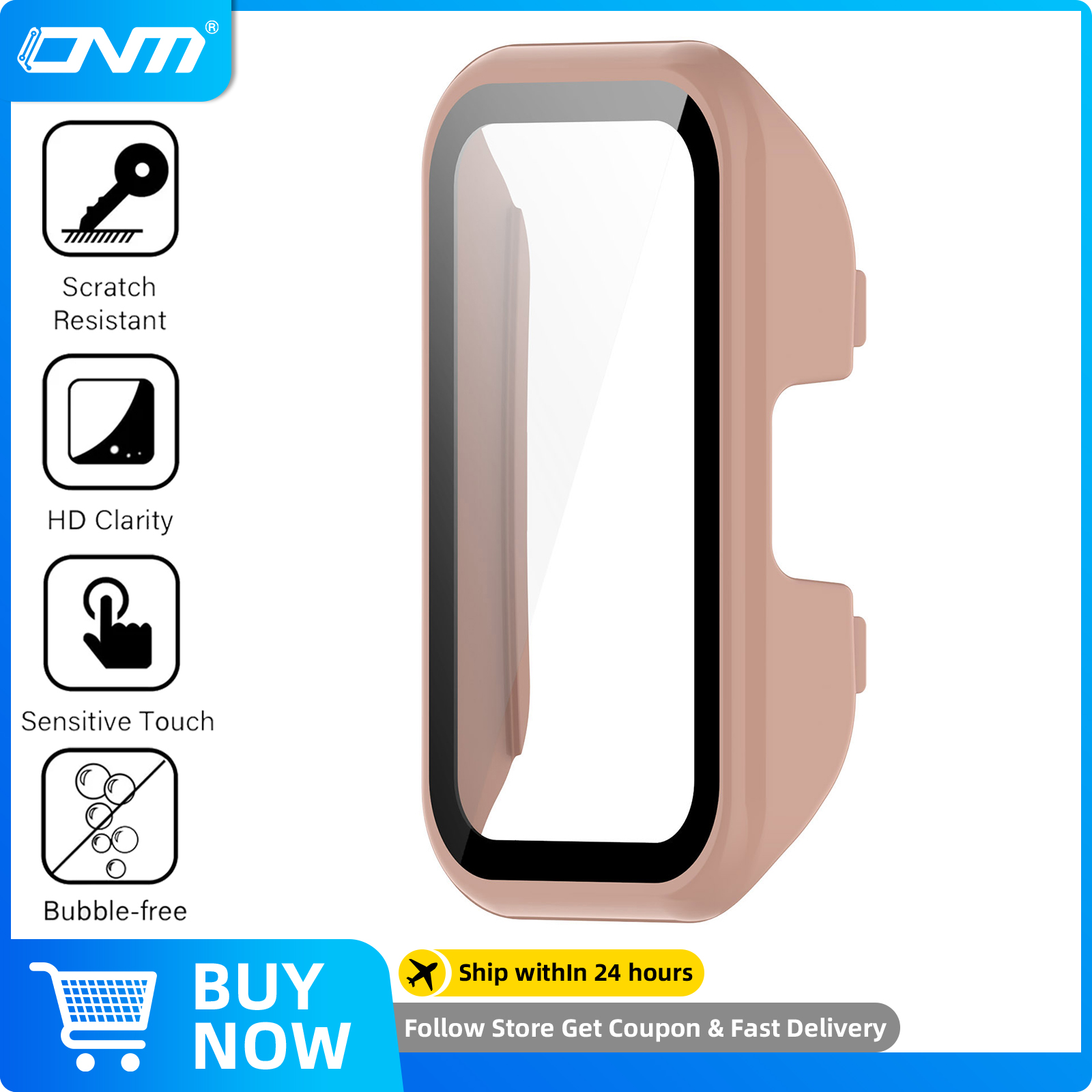 Glas + Case voor Huawei Band 10 9 8 Gehard Glas Screen Protector & Harde PC Beschermende Bumper voor Huawei Band 10/9/8 Accessoires: ZAND ROZE