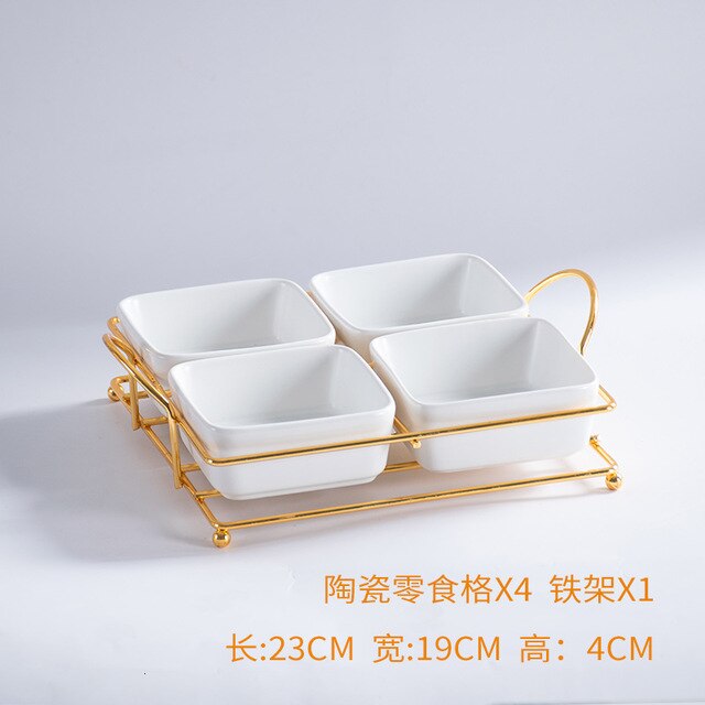 De cerámica bandeja de comida con divisores hogar fruta Bol para bocadillos bandeja de almacenamiento con soporte de hierro decoración de bandejas de ensalada: white4