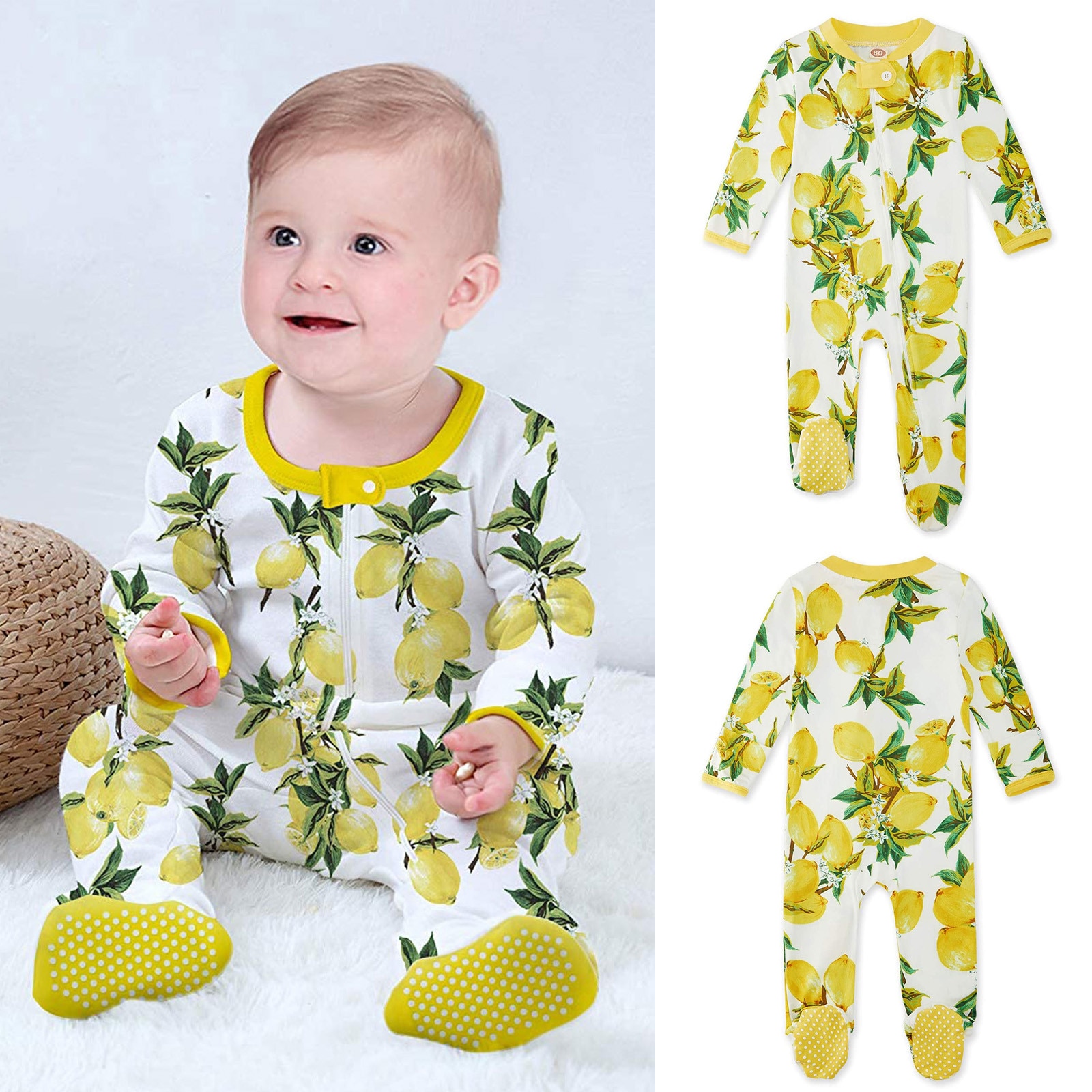 Macacão de bebê macacão infantil bebê meninos meninas limão impressão pijama sleeper zíper footed macacão vetement garcon