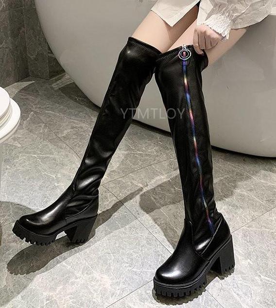 Boots Women Patent Leather Women Zip Over The Knee High Heels Boots Women Winter Party Shoes Woman Square Heel: 37