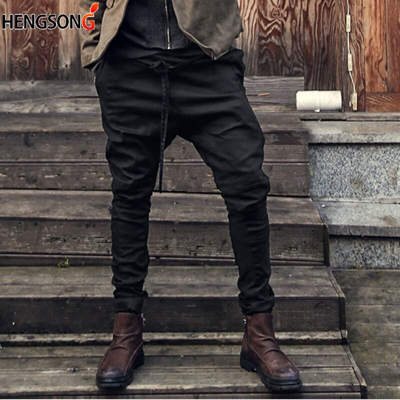 Pantalones bombachos informales para hombre, pantalón holgado, con cordón largo, para otoño y primavera: M / black