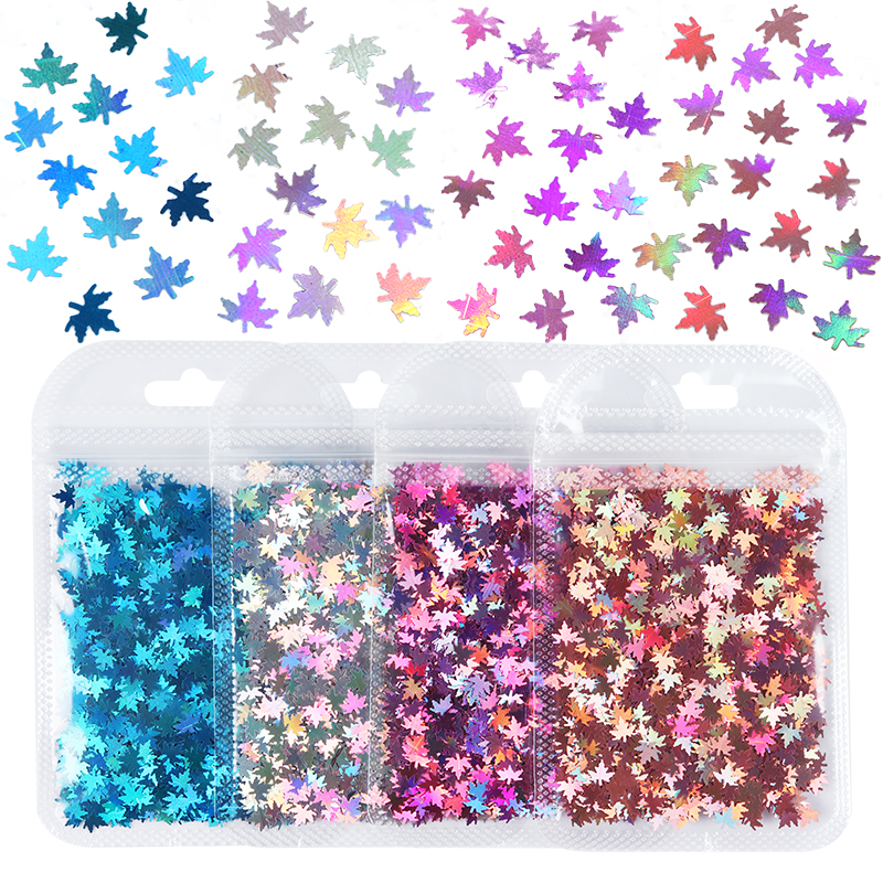 4 zakjes herfst esdoornblad nail art pailletten decoratie holografische kameleon glittervlokken uv gellak tools kerstnagels: Fy3-4569