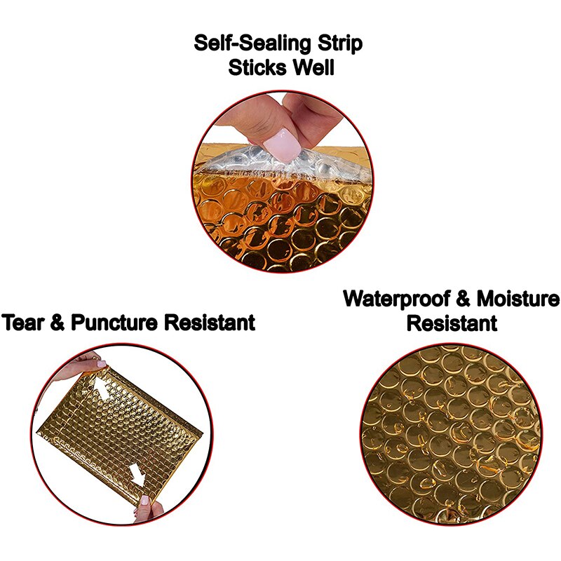 5pcs Gold Poly Bubble Mailer Envelopes Bags Self Seal Padded Heavy-Duty Waterproof Sealing Packaging Envelopes