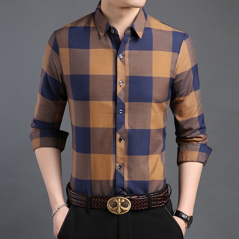 de chemise homme Plaid coupe ajustée vêtements de rue à manches longues bouton Up coréen entraînement décontracté hommes vêtements: Jaune / XXL