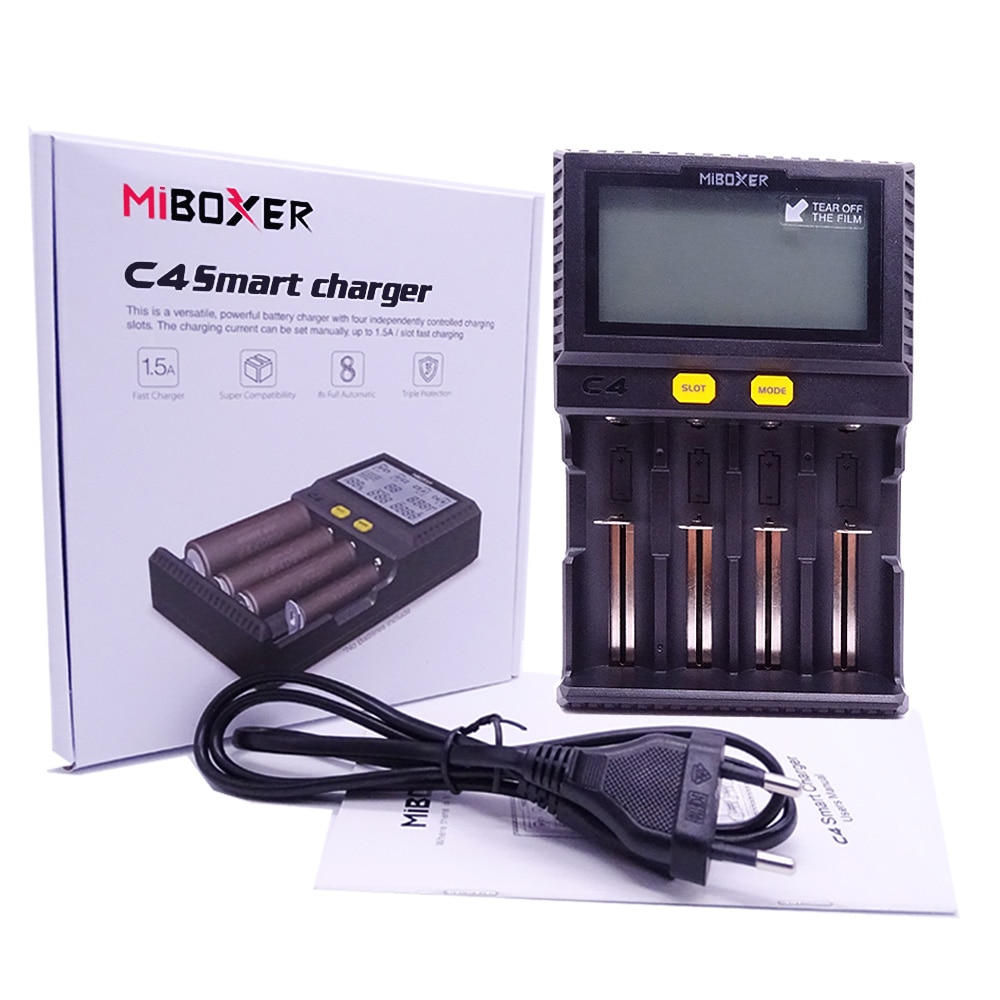 Miboxer C4 LCD Clever Batterie Ladegerät für Li-Ion IMR ICR LiFePO4 18650 14500 26650 21700 AAA Batterien 100-800mAh 1.5A entladung