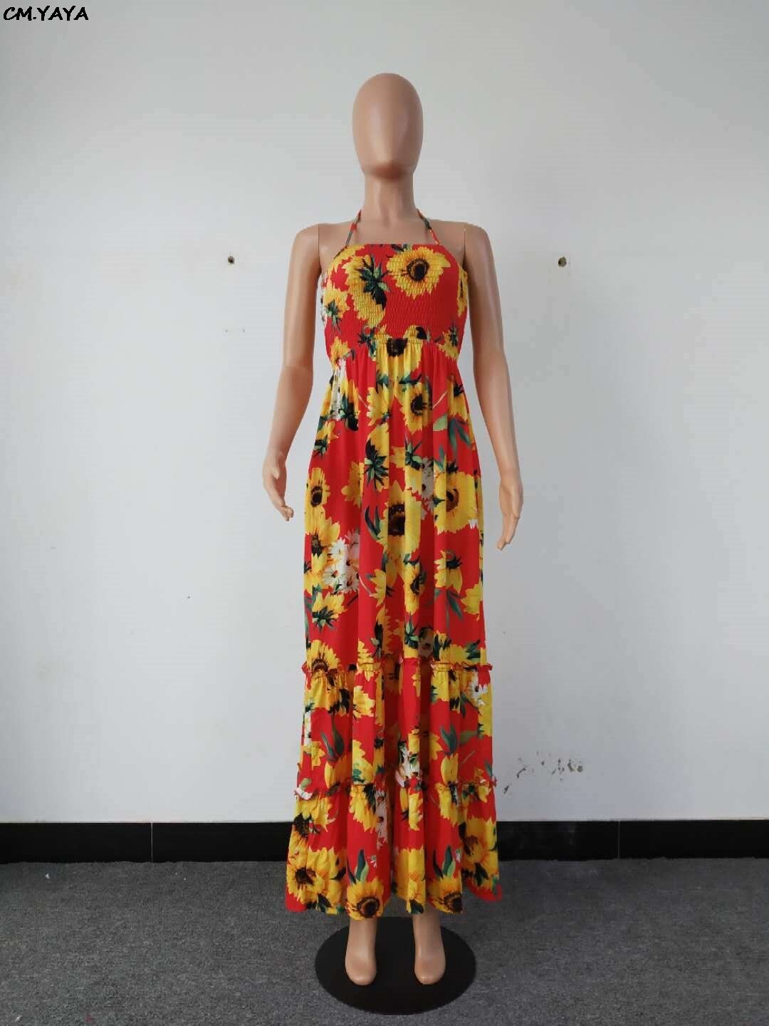 Vestido largo femenino de verano con estampado de girasol, traje largo vintage con estampado de girasol para mujer, cuello hatler, sin mangas, swing grande, vestidos largos a la , GlSMN3087,