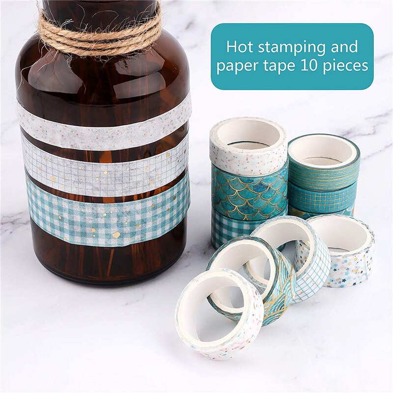 10Pcs Blauwe Golf Washi Tape Set Goudfolie Afplakband Decoratief Papier Tape Voor Scrapbook Cadeaupapier Diy Decor craft Supplies