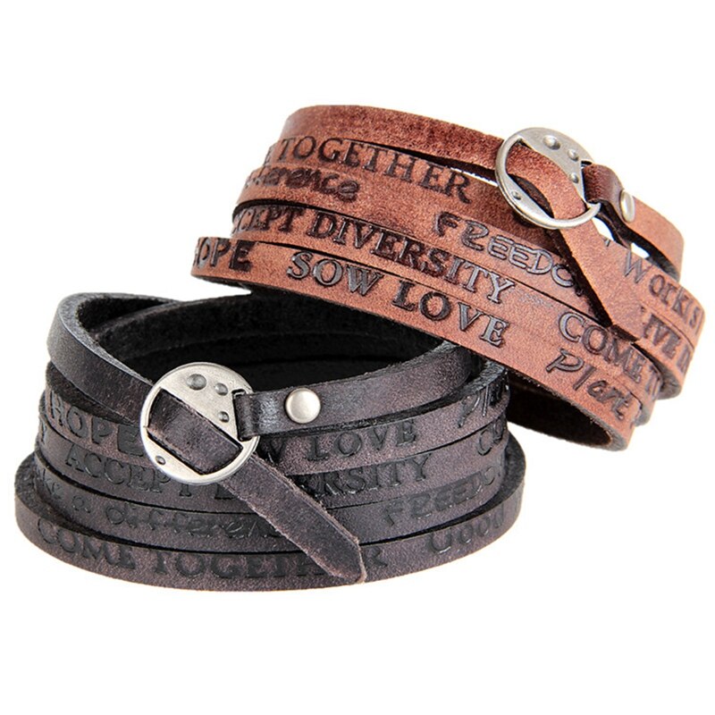 the Bracelet Embossed English Letters Leather Retro Old Multi-Turn