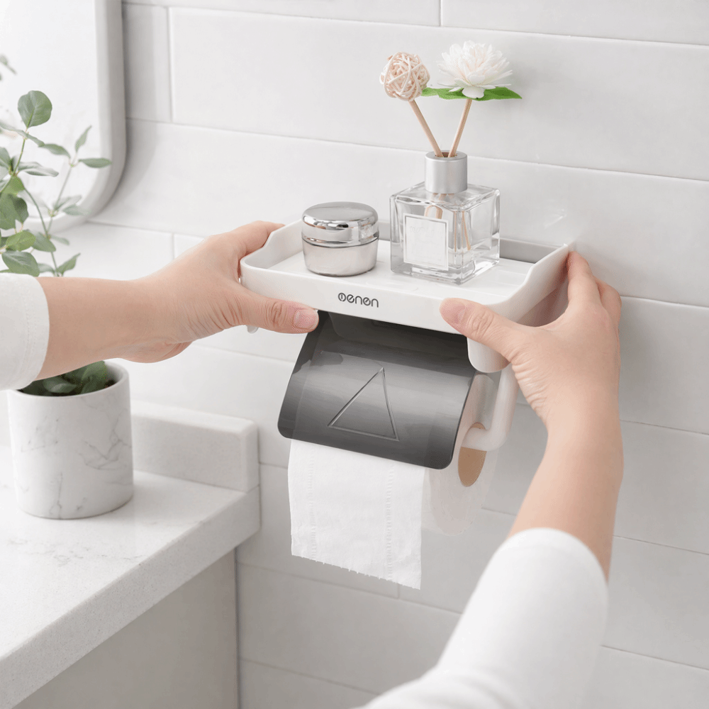 Plastic houder voor papieren handdoeken grijsblauw met plank Toiletrolhouder zonder perforatie Waterdichte tissue-dispenserplank