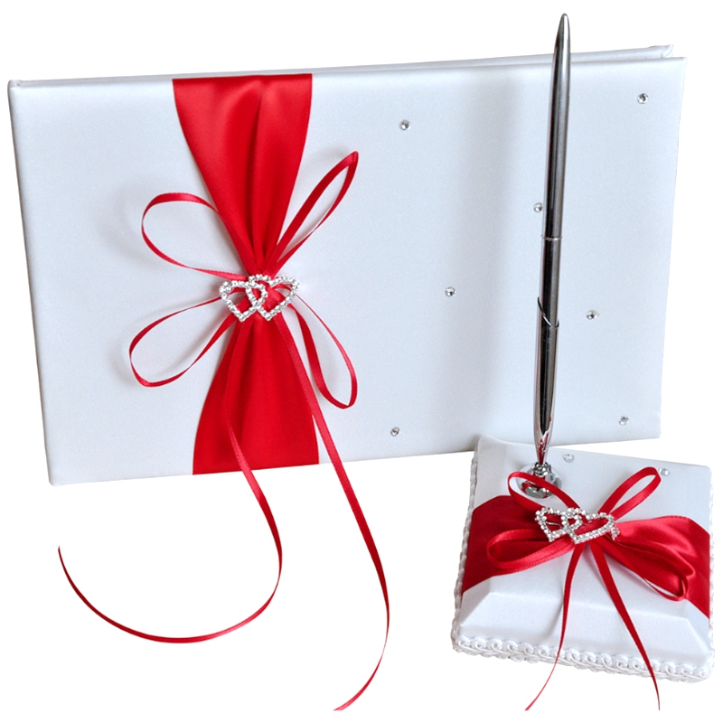 Wedding Guest Book With Pen Holder Sets Satin Bows Signature Book With Diamonds Love Shape For Party Decorations-Red+White: Default Title