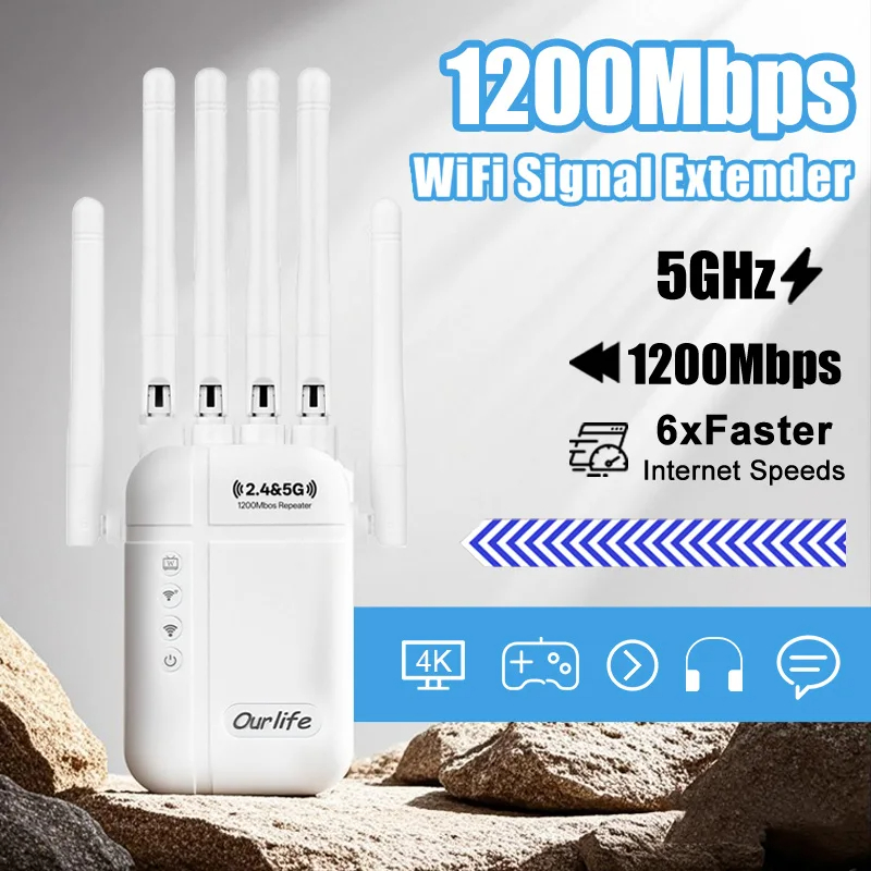1200Mbps WiFi Repeater Wireless Dual Band WiFi Repeater 2.4G/5GHz Signal Amplifier Extender Router For Home Office Wi-Fi Booster