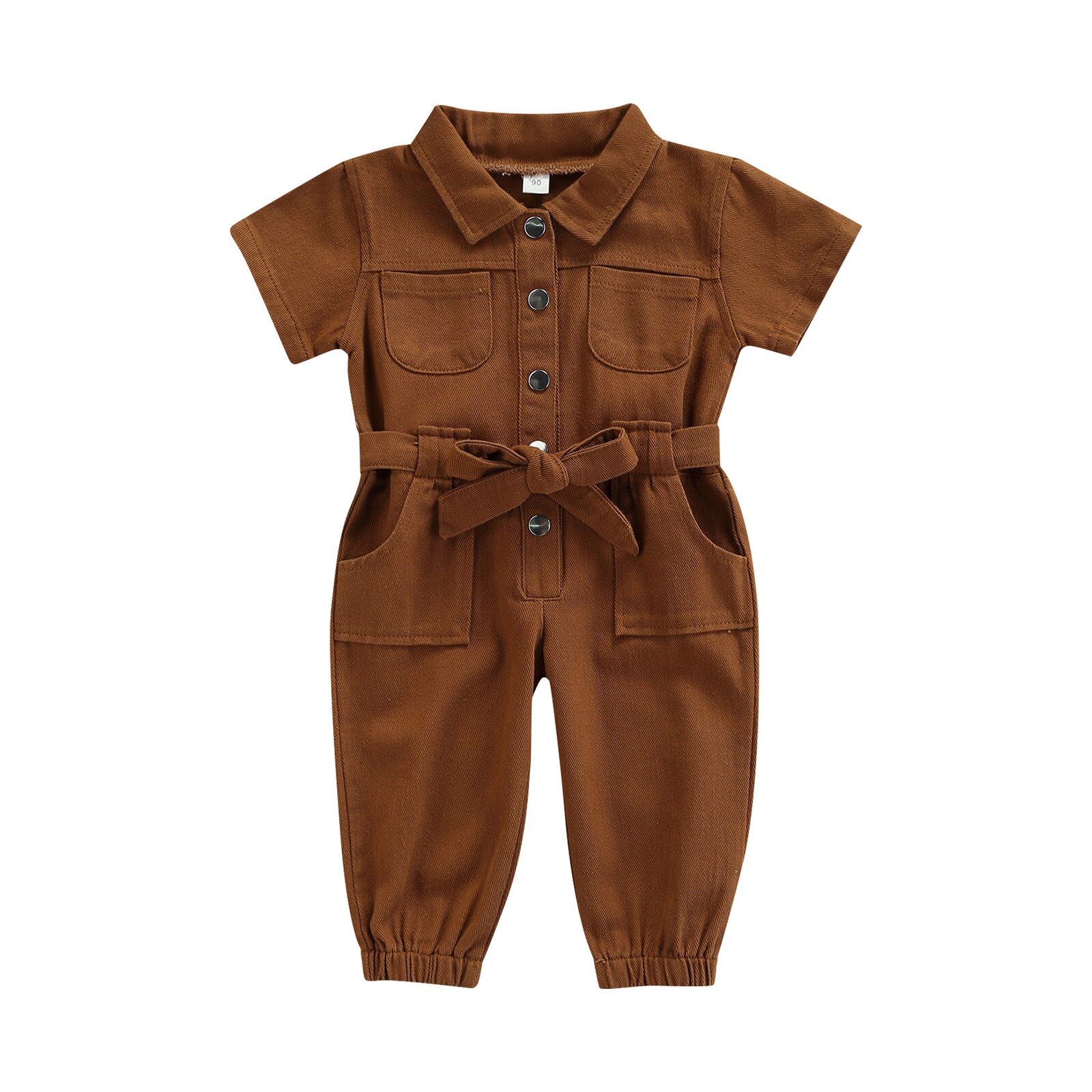 Mono vaquero para niñas de 0 a 6 años, ropa para niños pequeños de manga corta con bolsillo de solapa, pantalón largo, pelele,: Castaño / 5 años