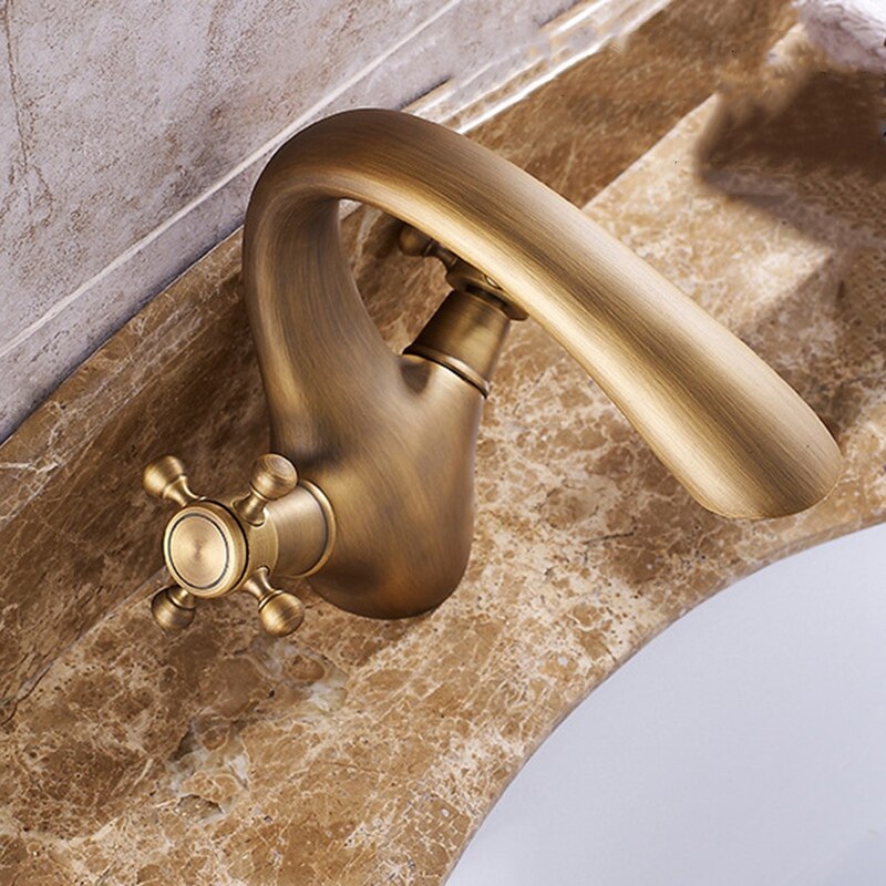 Antieke Kraan Warm En Koud Water Messing Brons Geborsteld Wastafel Kranen Badkamer Vintage Wastafel Dubbel Handvat Mixer