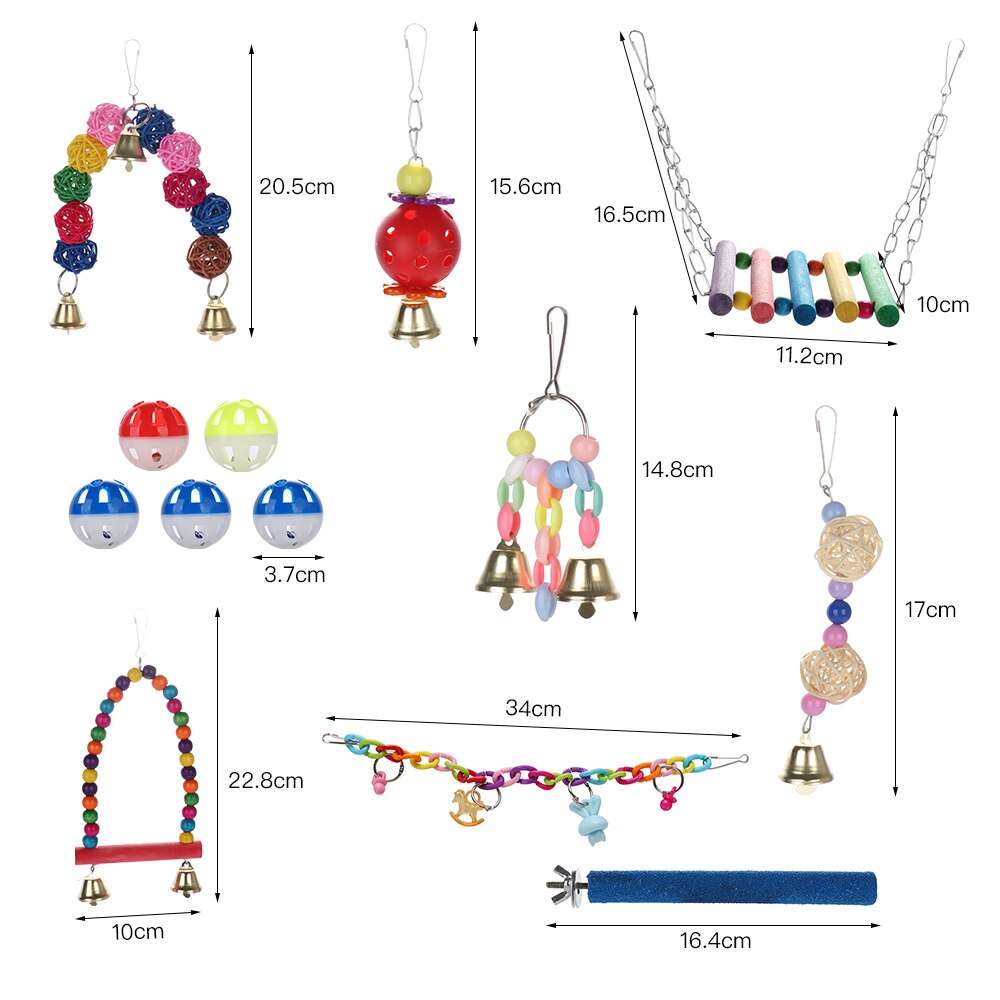12 stk kombination papegøje legetøj sæt fugeartikler papegøje bid legetøj parakit interessant svingkugle klokke stående trænings legetøj