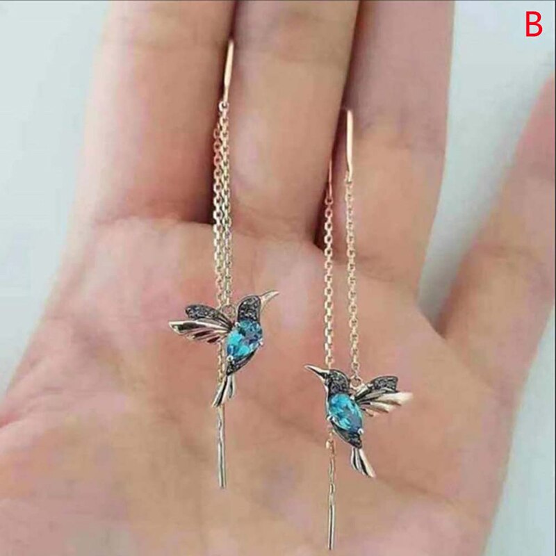 1 Paar Humming Bird Oorbellen Voor Vrouwen 2 Stijl Rhinestone Hummingbird Lange Tassel Oorbellen Trendy Sieraden: B