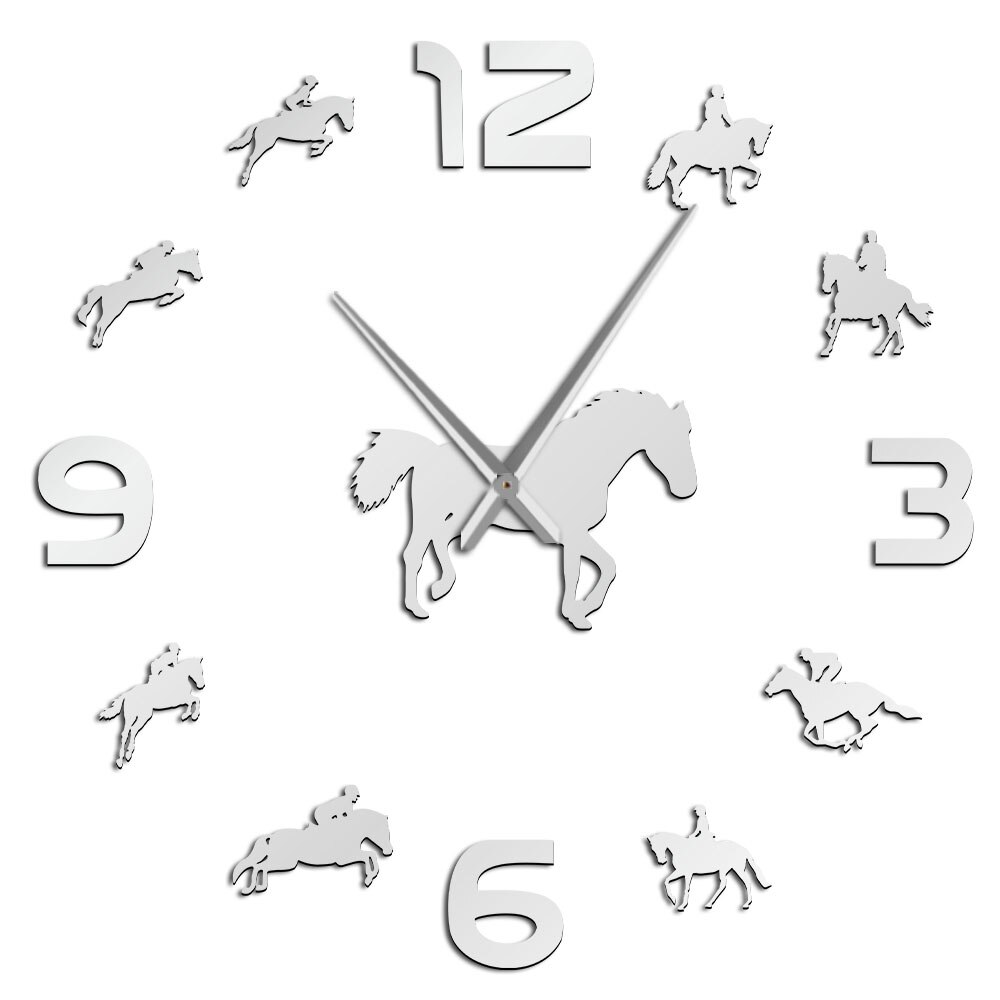 Reit Quarz Uhr Batterie Betrieben Selbst Klebe DIY 3D Wanduhr Reiten Große Nadeln Spiegel Effekt Hause Dekor: Silber- / 47 Zoll
