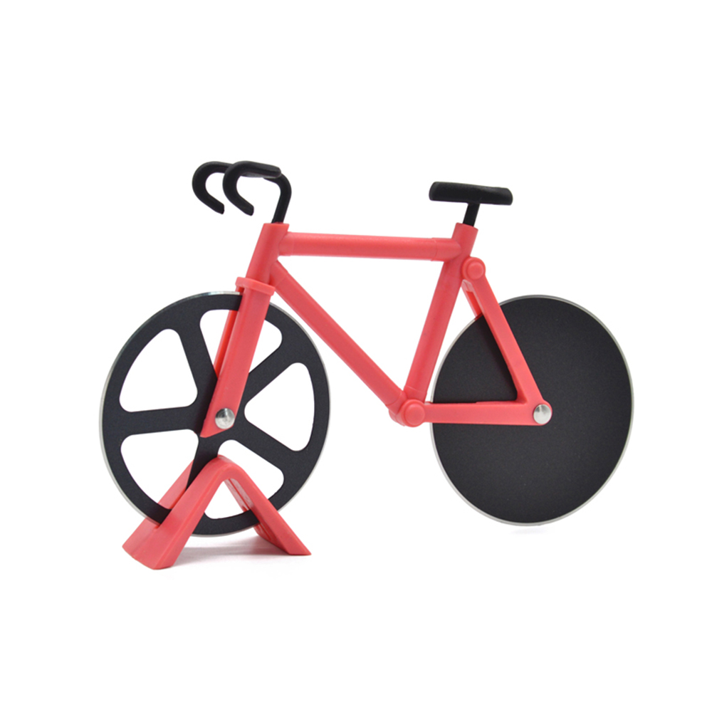 Cykel rund pizzaskärknivar i rostfritt stål pizzakniv tvåhjulig cykelform pizzaskärkniv pizzaverktyg: Röd