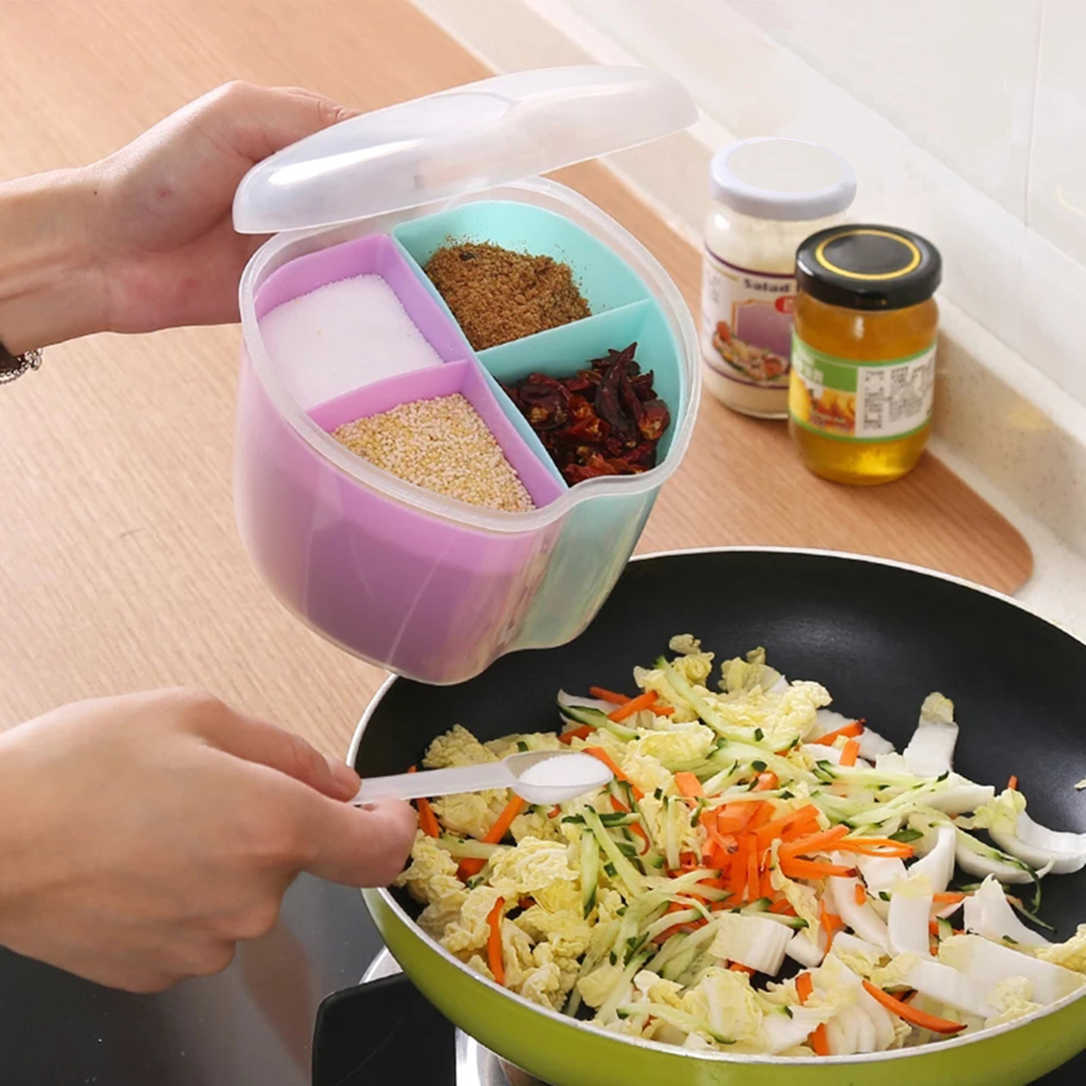 Plast uppdelad krydda låda kök krydda burk krydda låda sockerburk salt burk kök tillbehör