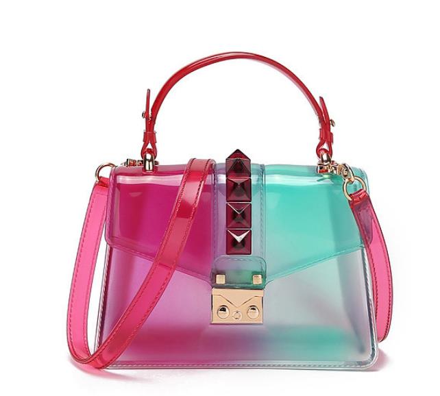 Clear Transparent saddle Bag Women rivet Jelly Bags Purse Panelled Color women Handbags sac a main femme Shoulder Bag: Red green