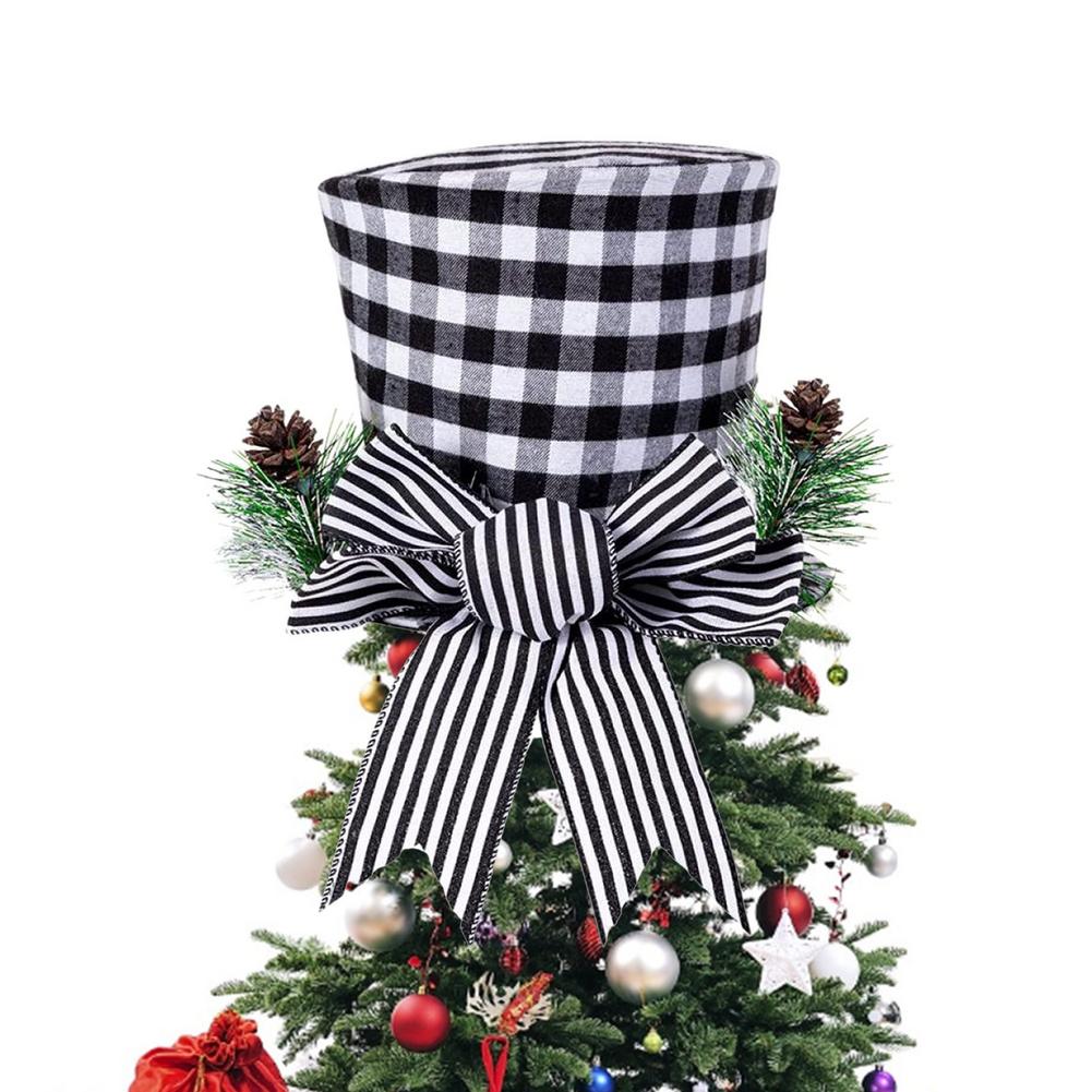 Haut de sapin de noël en forme de bonhomme de neige, nœud décoratif à carreaux noirs, ornements de bureau pour noël, 102x102x79