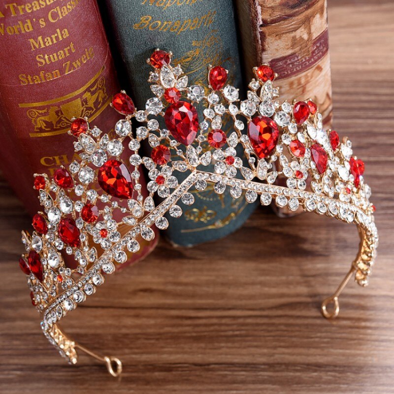 Luxe gouden rode strass bruids tiara's kroon vintage barok kristal diadeem voor bruiden hoofdbanden bruiloft haaraccessoires: Goudrood