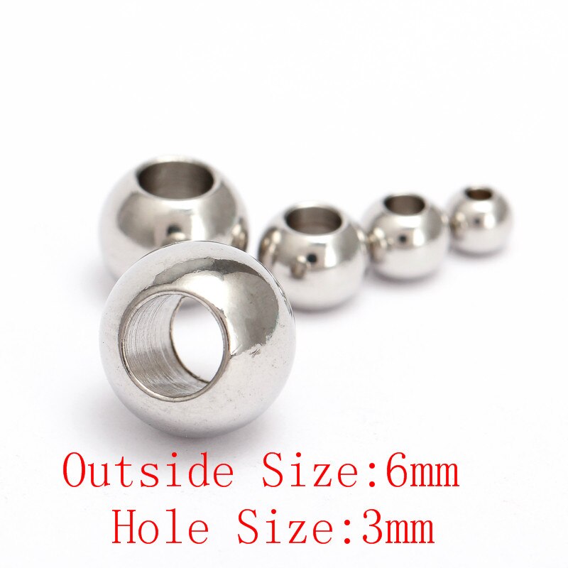 50 stuks/partij ronde kralen van roestvrij staal, zilverkleurig, 2 3 4 5 6 7 8mm met groot gat, europese ruimtekralen voor doe-het-zelf sieraden: 6mm met 3mm gaten