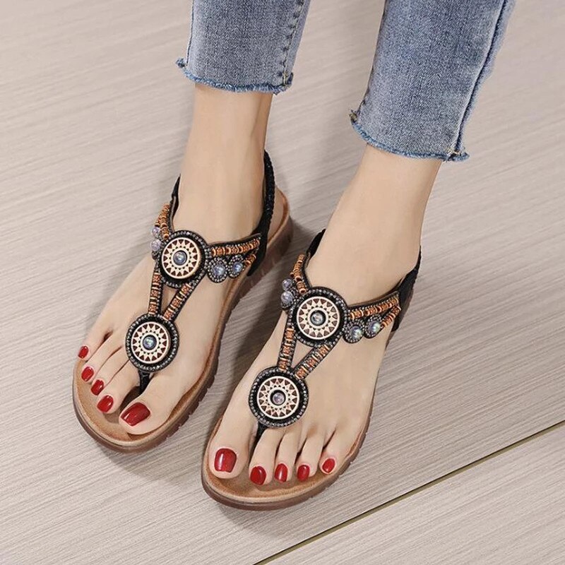 Tongs plates en strass pour femmes, sandales d'été, style bohémien, chaussures confortables à la
