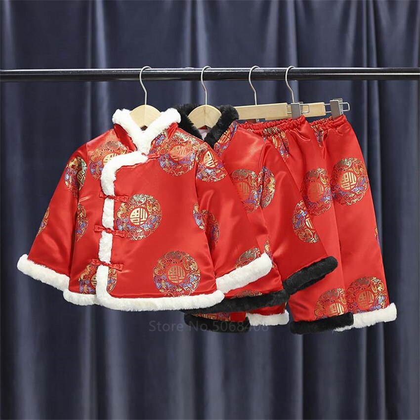 Chinese Jaar Kostuums Voor Kinderen Jongens Meisjes Lente Festival Kleding Winter Baby Sets Jas Broek Traditionele Oude Tang