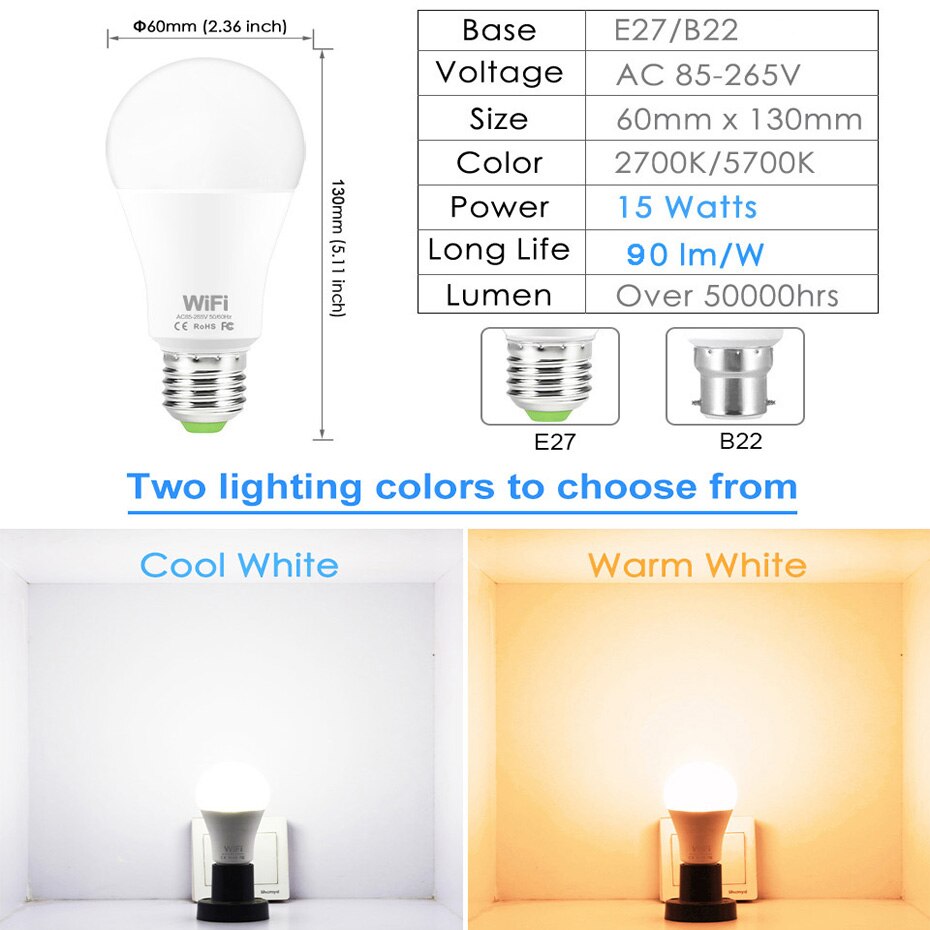 WiFi Smart LED Light Bulb Dimmable Timing Energy-saving APP Remote Control Work With Alexa Echo Google Home E27 B22 Smart Bulb