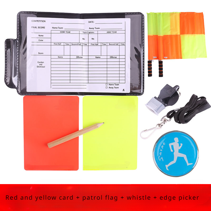 Jeu de cartes d'arbitre de football, drapeau de patrouille d'arbitre, carte rouge et jaune avec crayon, carte d'avertissement de football et cueilleur de bord: Gris clair