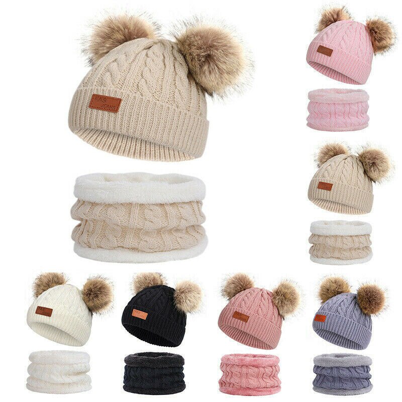 Baby Knit Hoed Meisje Hoed Set Dubbele Haarbal Cap 2 Stuks Warm Jongen Wollen Muts Sjaal Winter Accessoires Beanie skullies Gorro 0-3 Jaar