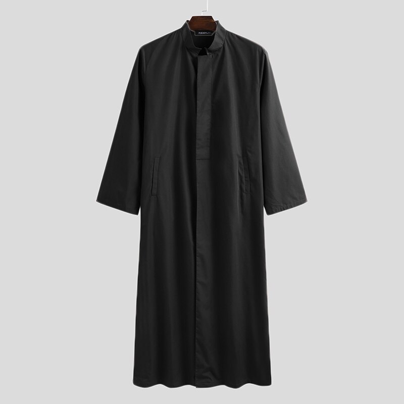 INCERUN Men Muslim Kaftan Islamic Arabic Jubba Thobe Long Sleeve Button Stand Collar Caftan Solid Color Middle East Dubai Robes: Black / XXL