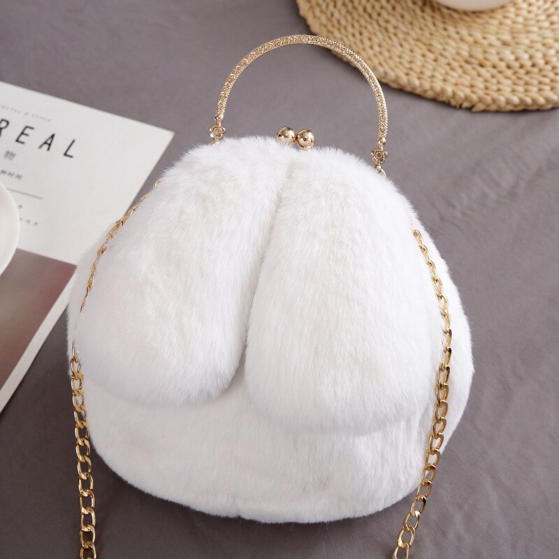 Faux Fur Rabbit Ears Plush Kawaii Round Bag Shoulder Crossbody Bags Women Chain Messenger bag Ladies Solid Furry Handbag: White