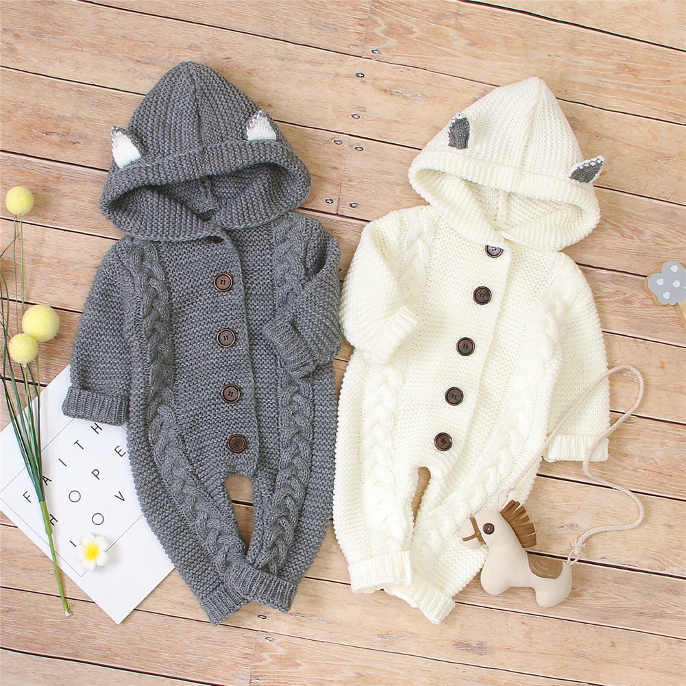 Focusnorm 0-24M Winter Baby Meisjes Jongens Rompertjes Knit Solid Hooded Lange Mouwen Single Breasted Warm Jumpsuits