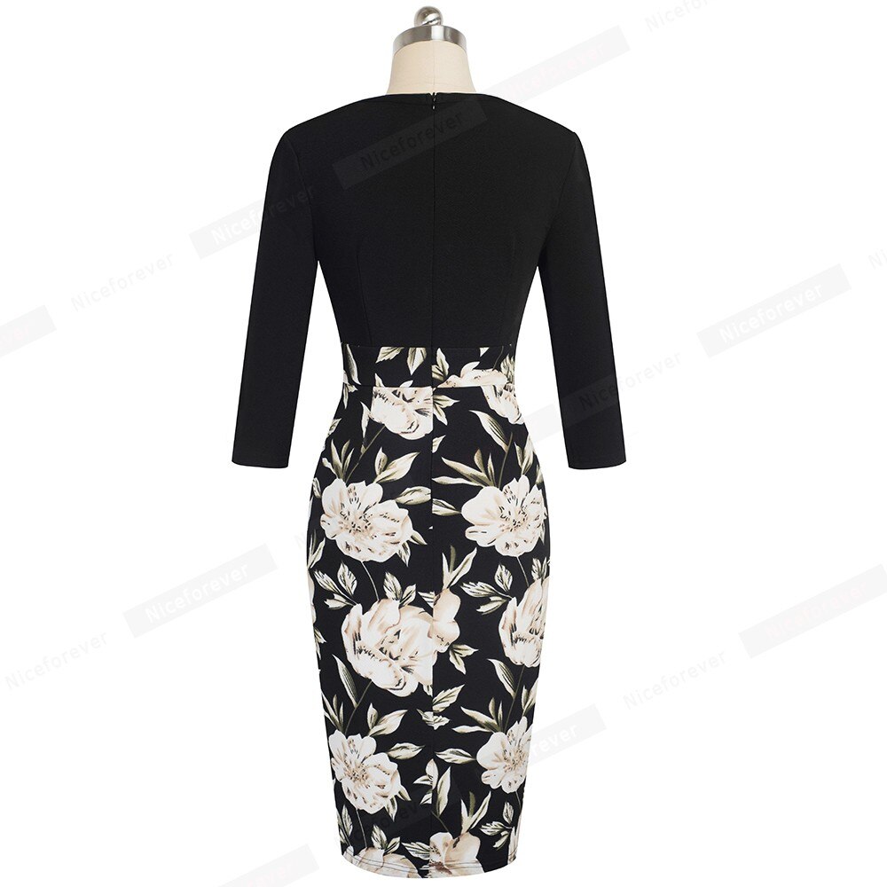 Nice-forever blomsterprint patchwork kontor hult vestidos forretningsfest efterår bodycon kvinder kjole  b556