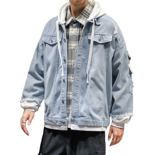 Men's Hooded Denim Jacket Streetwear: XL