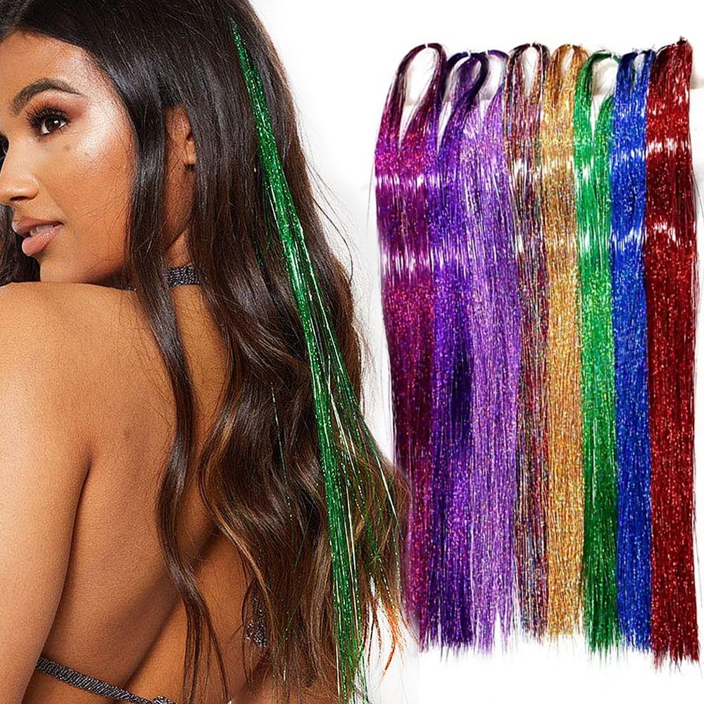 100cm 150 tråder/stk sparkle hair tinsel bling hårdekorasjon for syntetisk hårforlengelse glitter regnbue for jenter og fest