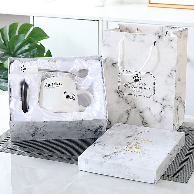 380ml Cartoon Panda Ceramic Mug Glass Cute Couple Cup Coffee Milk Cup Office Cup with Lid Spoon Girl: B with gift box