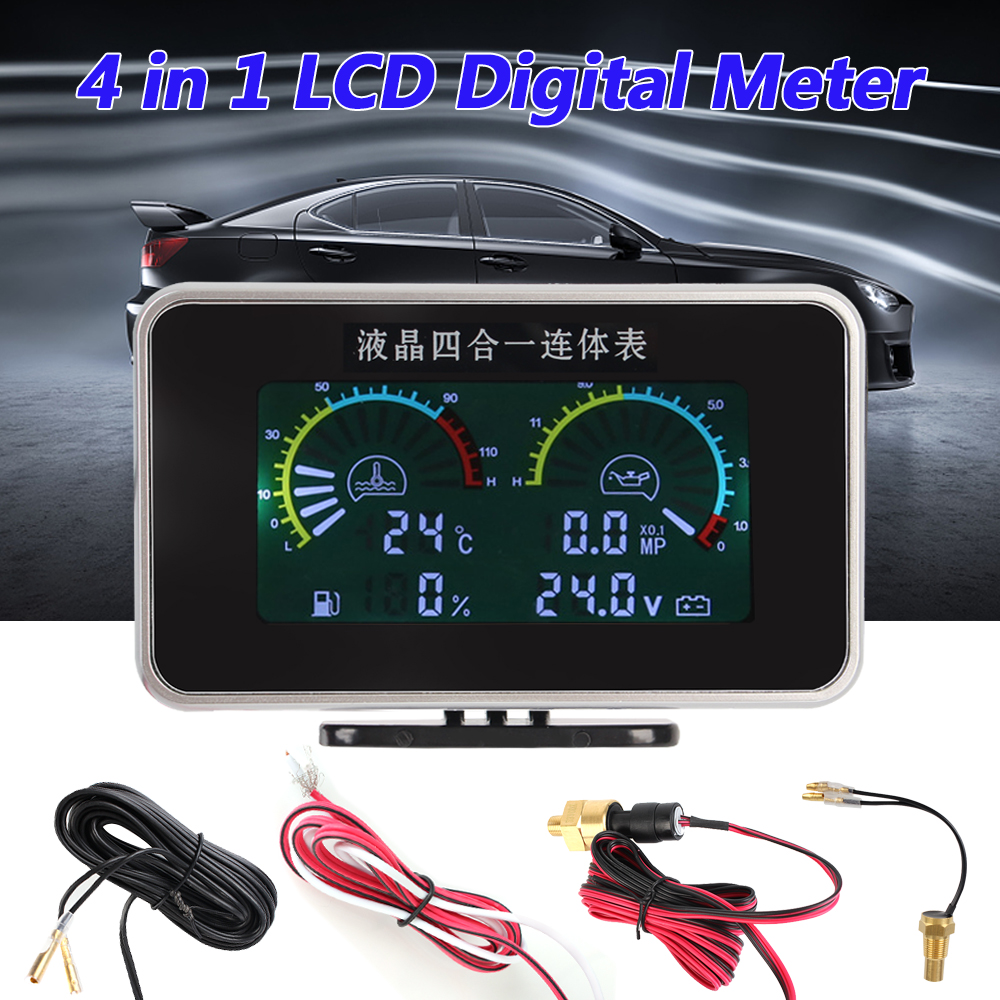 Digital Display Sensor Instrument Panel Voltmeter Water Temp Meter LCD Car Digital Oil Pressure Gauge Car Modification 4 In 1