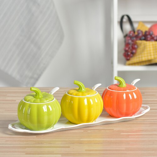ceramic cruet seasoning jar set home kitchen MSG pumpkin oil salt cans seasoning box WF4091535: B