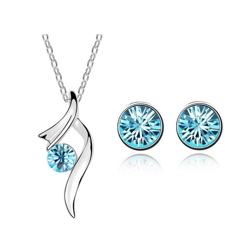 top czech rhinestone girl bridal charm ribbon round pendant necklace earring jewelry set 8 colors: oceanblue