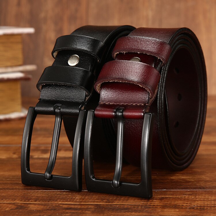 Heren Lederen Riem 3.3 Cm - Retro Handgemaakte Riem Met Koperen Gesp Voor Jeans (115CM Zwart)