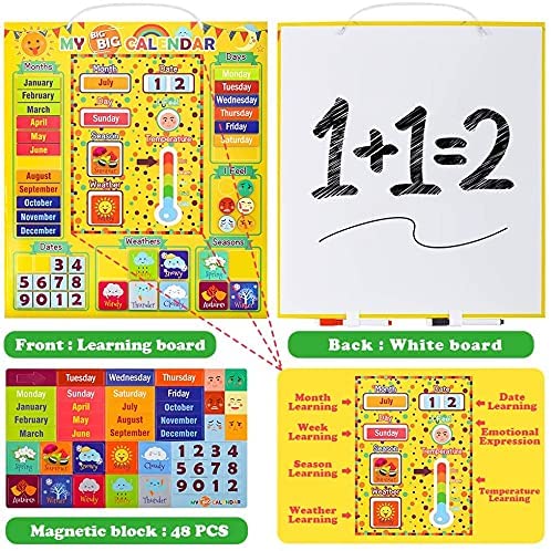 Daily magnetic calendar with hanging ring, early childhood education calendar move the magnet to display the time and weather