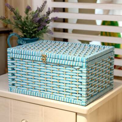 Rustieke Geweven Mand Papier Opbergdoos Met Deksel Handgemaakte Home Organisatie En Opslag Gebreide Desktop Rieten Manden: blue white strip / 36x25x17cm