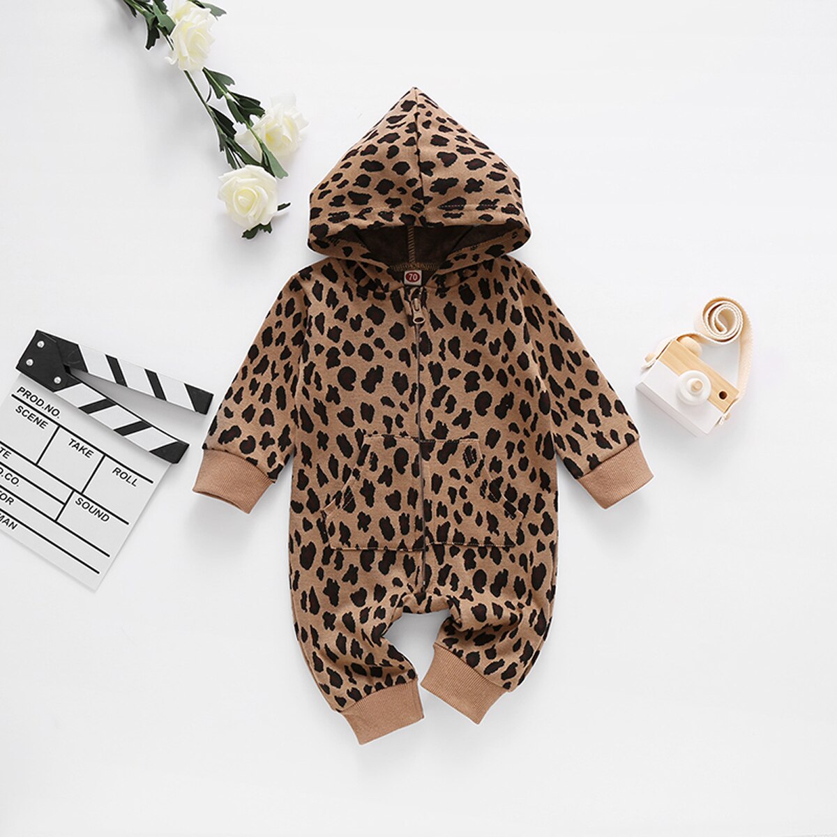 FOCUSNORM Autumn Baby Boys Leopard Rompers 0-24M Long Sleeve Hooded Zipper Jumpsuits Outfits