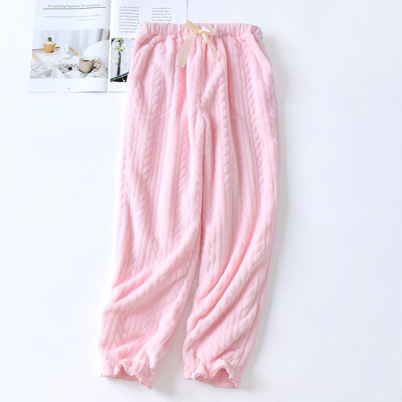 Flannel Sleep Pants Women Autumn and Winter Coral Fleece Trousers Loose Sweet Japanese Thickening Plus Velvet Pajamas Pants Home: Pink / L