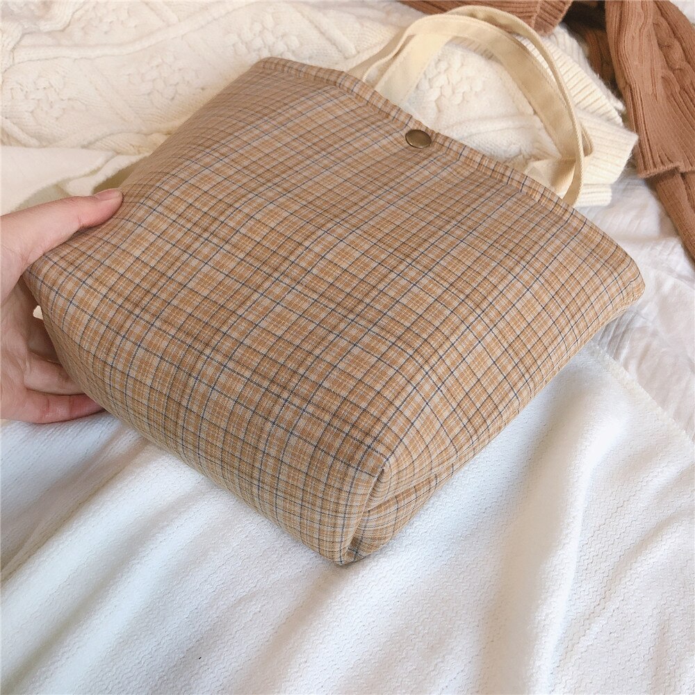 Cotton Fabric Lunch Bag Plaid Small Handbag Portable Food Picnic Bag Women Kids School Lunch Bags Ladies Little Tote Shopping
