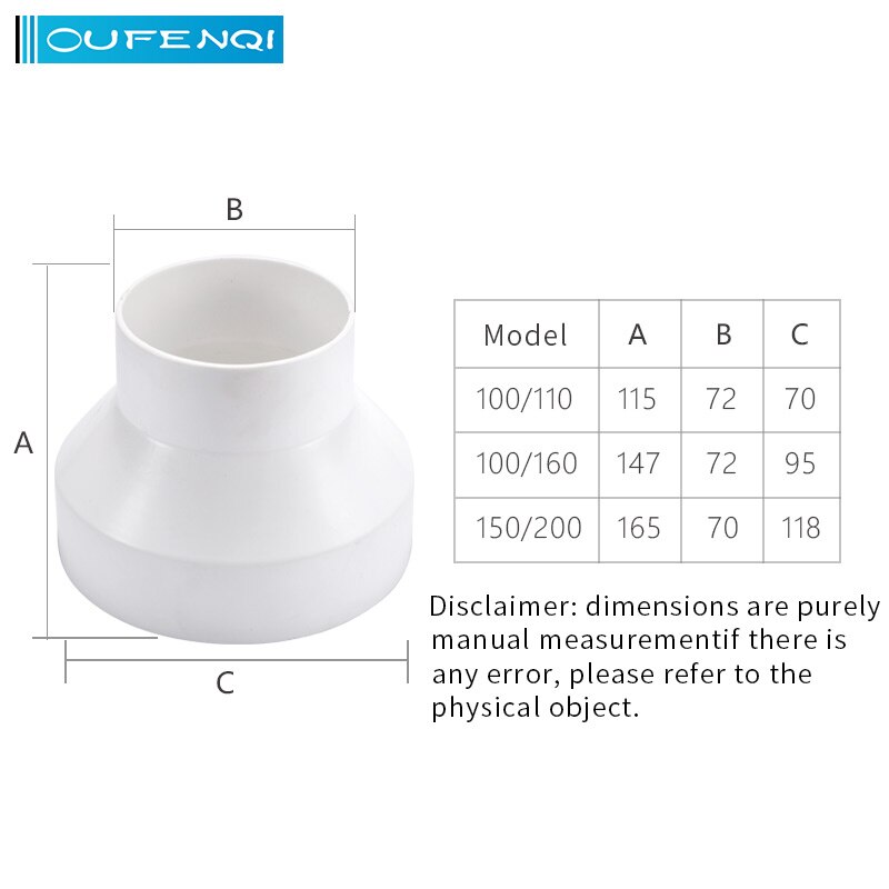 OUFENQI Plastic ducting reducer air duct ventilation reducer adapter air duct reducer 110mm to 100mm,200mm to 150mm