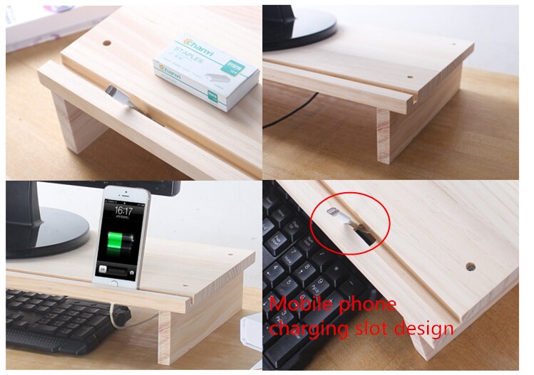 Wood LCD Monitor Heighten Holder Desktop Simple Storage Multifunction Mobile Phone Stand with Charge Slot